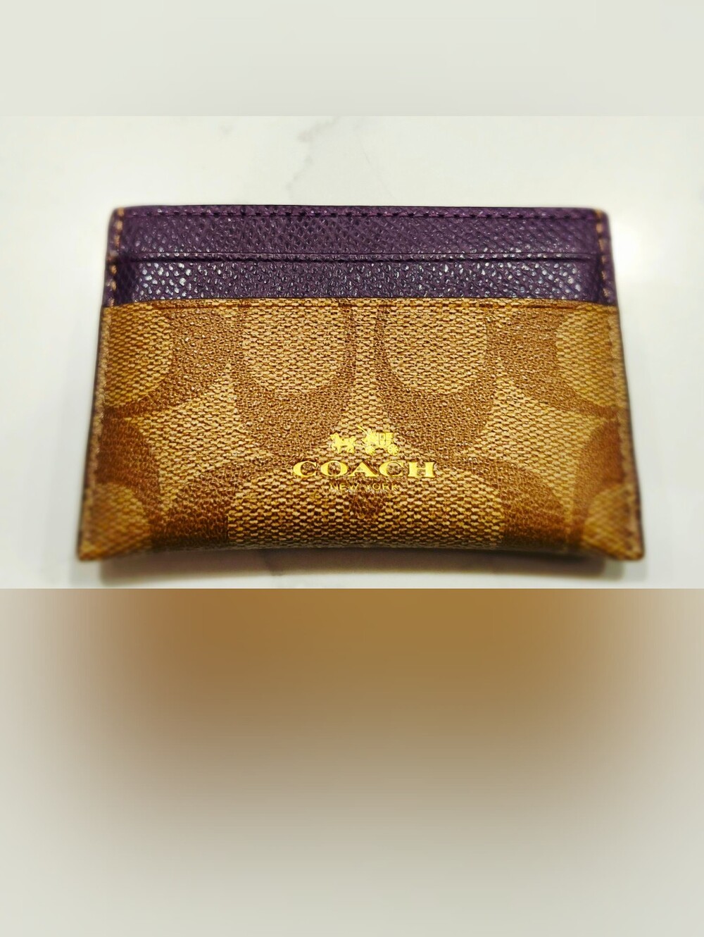 Like New Plum and Tan Signature with Gold Authentic Coach Leather Card Case